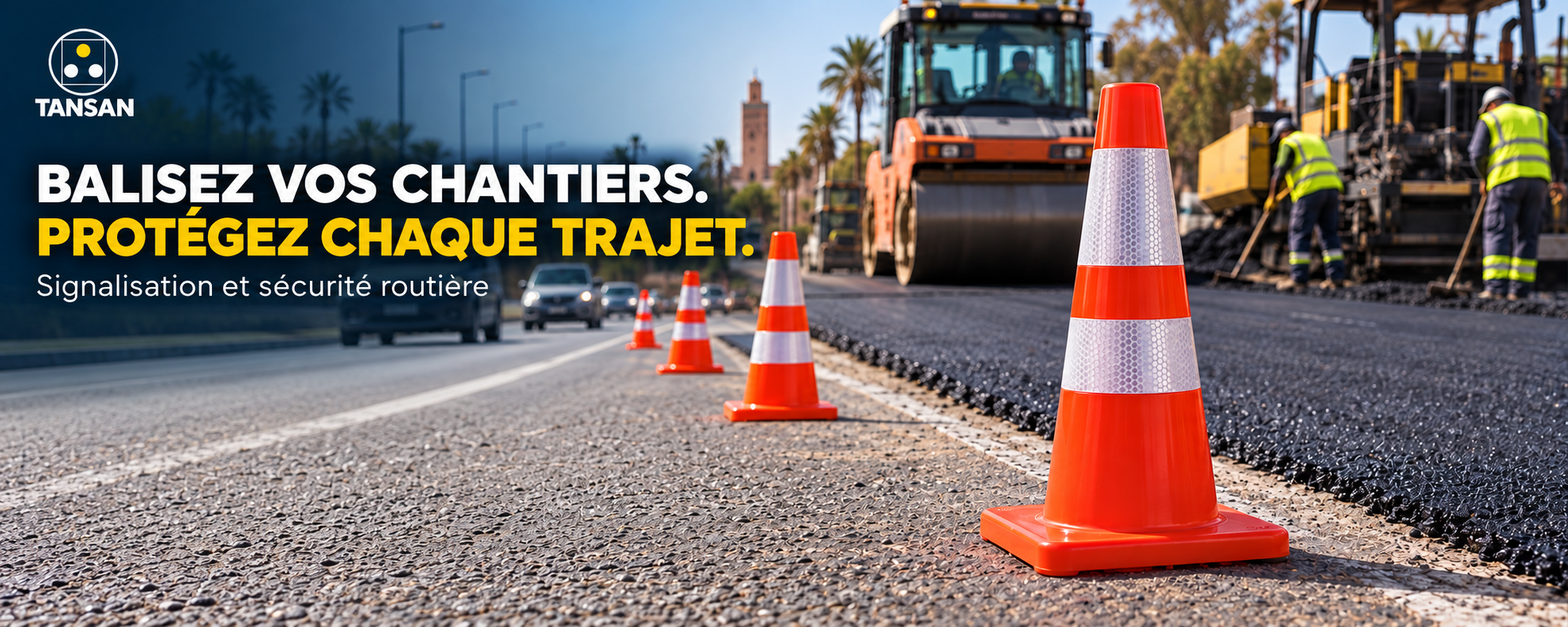 Balisez vos chantiers. Protégez chaque trajet. Cônes TANSAN TC70 sur un chantier routier.